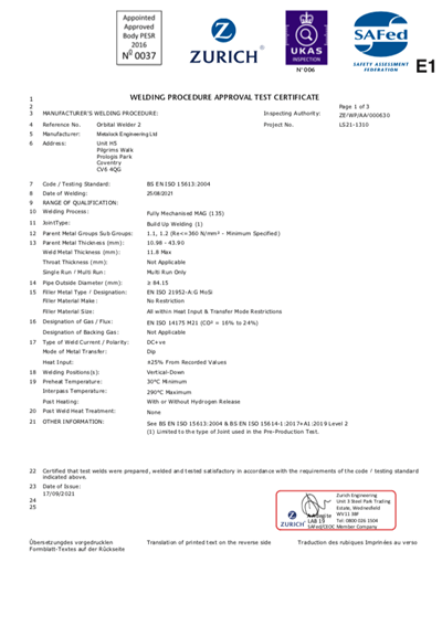 Zurich Orbital Welding Procedure Approval Test Certificate